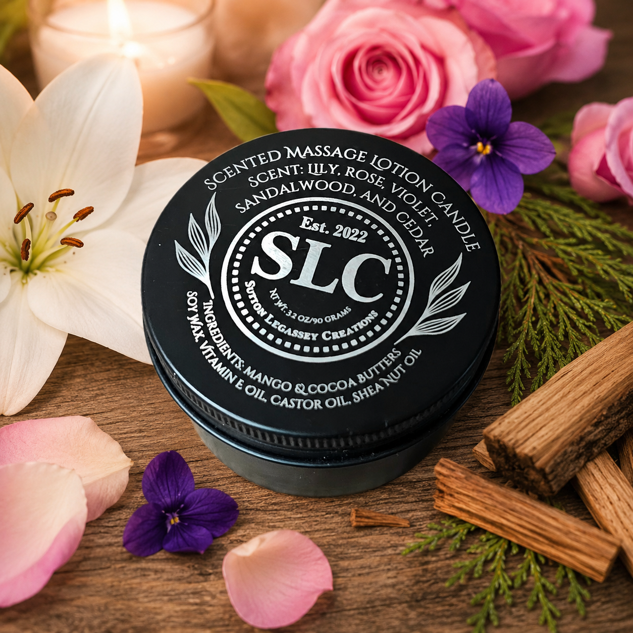 Scented Massage Lotion Candle — Lily, rose, violet & woods